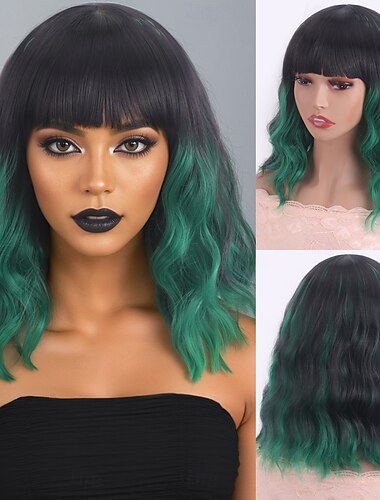  Synthetische Perücken Wogende Wellen Curly Webart Asymmetrisch Gerader Pony Maschinell hergestellt Perücke 12 Zoll A1 Synthetische Haare Damen Elastisch Klassisch Farbverläufe Grün