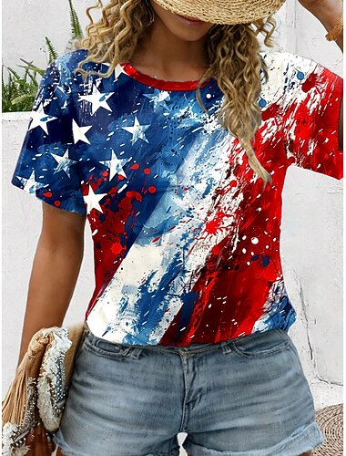  Футболка женщинам патриотическая с графическим изображением флага стильная классическая короткий рукав круглый вырез обычные топы повседневный принт красный/синий