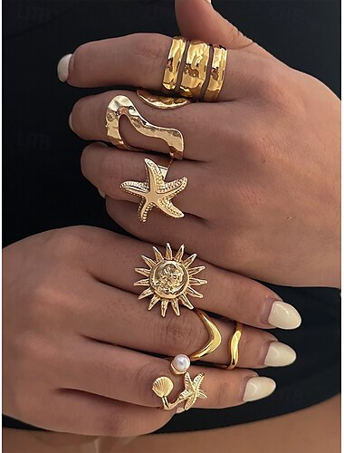  Damen-Ringset im Ozean-Stil aus Gold und Silber – Set aus mehrteiligen, verstellbaren Bohème-Ringen mit Verzierungen aus Seesternen, Sonnen, Muscheln und Perlen, perfekt für Strandurlaube und Sommer-Looks