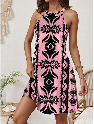  Damen Minikleid Sommerkleid Urlaub Lässig Täglich Normale Passform Grafik Geometrisch Ärmellos Neckholder Rosa Blau Beige Sommer