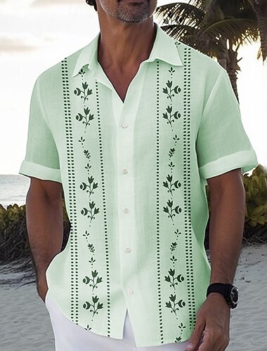  Herre Tropiske Planter Linned skjorte Hawaii skjorte Button Up skjorte Kortærmet Hawaiiansk Udvej Ferierejse Ferie Strand Tøj Sommer Forår Aftæpning 3D-udskrivning krave skjorter Hvid Lyserød Grøn
