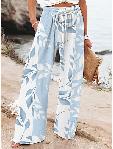  Damen Weites Bein Chinos Baggy-Hosen Urlaub Mode Basic Volle Länge Hohe Taille Blumen Grafik Drucken Atmungsaktiv Weich Mikroelastisch Urlaub Straße Lässig Weiß Marineblau Blau Sommer Frühling