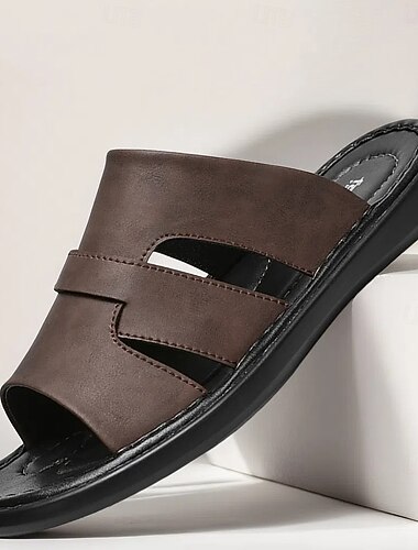  ανδρικά πέδιλα slide καφέ από ψεύτικο δέρμα – κορυφαίας ποιότητας με ρυθμιζόμενα λουριά, ιδανικά για καλοκαιρινές διακοπές, ρούχα παραλίας και καθημερινές υπαίθριες δραστηριότητες