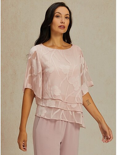  Dames Kanten overhemd Blouse Geklede topjes Chiffon-topjes Effen Kleur Bloemig Grafisch Elegant Stijlvol Basic Halve mouw Flutter mouw Boothals Normale tops Bruiloft gast Werk Dagelijks Asymetrische