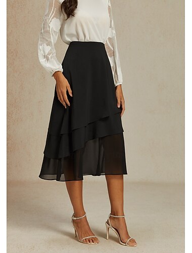 Damen A-Linie Elegant Midi Hohe Taille Röcke Einfach Unregelmäßiger Saum Chiffon Unelastisch Lässig Täglich Schwarz Sommer Chiffon