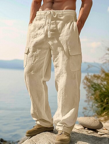  Herren Leinenhosen Hose Sommerhose Kordelzug Elastischer Bund Gerader Schnitt Einfach Komfort Atmungsaktiv Volle Länge Lässig Täglich Ferien Urlaub Mode Schwarz Weiß