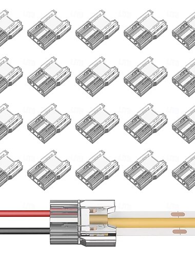  Conectores para tiras LED COB (10 unidades, 20 unidades, 5 mm, 8 mm, 10 mm, 2 pines), conectores de cinta LED transparentes, sin soldadura, sin zonas oscuras, aptos para conectores de luz LED (DIY,