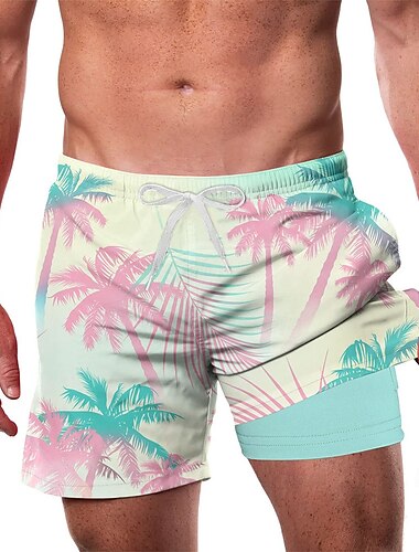  Herren Kokospalme Tropisch Farbverlauf Gefütterte Shorts 2 in 1 Badeshorts Badeshorts Mittlere Taille Hawaiianisch Urlaub Seitentaschen Mit Kompressionsfutter Elastischer Kordelzug in der Taille