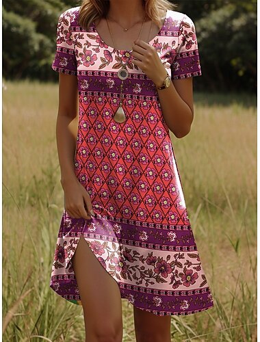  Damen Minikleid T-Shirt-Kleid Sommerkleid Shiftkleid Urlaub Lässig Boho Party Strand Normale Passform Blumen Grafik Stammes Kurzarm Rundhalsausschnitt Gelb Dunkelpink Rote Blau Sommer Frühling
