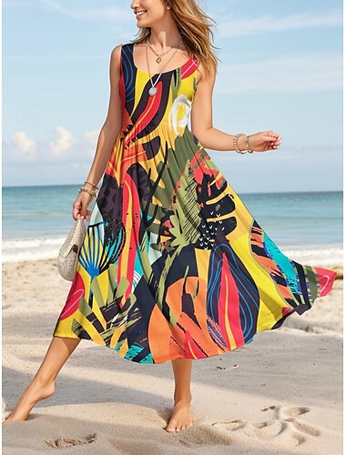  Dames Halflange jurk Zonnejurk A lijn jurk Off-the-shoulder jurk Vakantie Casual Past Op Maat Grafisch Blad Geometrisch Mouwloos U-hals Regenboog Zomer