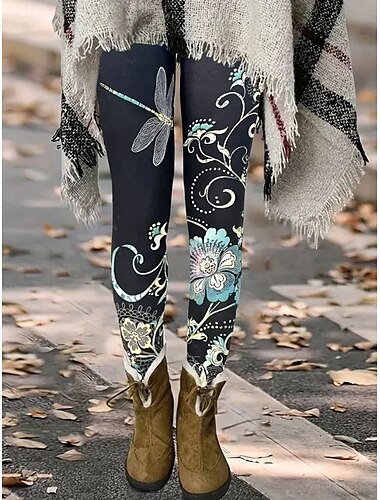  Damen Leggings Hosen Vintage Mode Basic Voll Längs Hohe Taille Florales Grafisches Drucken Thermisch Warm Atmungsaktiv Weich Dehnbar Urlaub Lässig Täglich Rot Blau Sommer Frühling Slim Fit