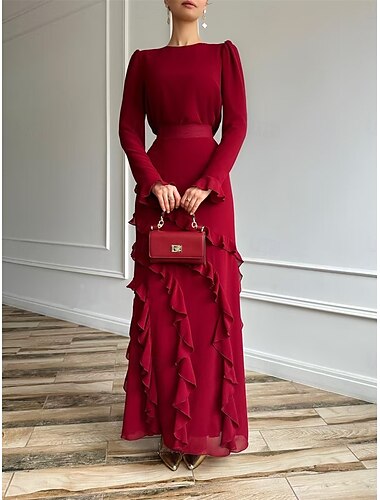  A-Linie Quinceanera-Kleider Elegant Kleid Formell Hochzeit Bodenlang Langarm Rundhalsausschnitt Chiffon mit Rüschen 2025
