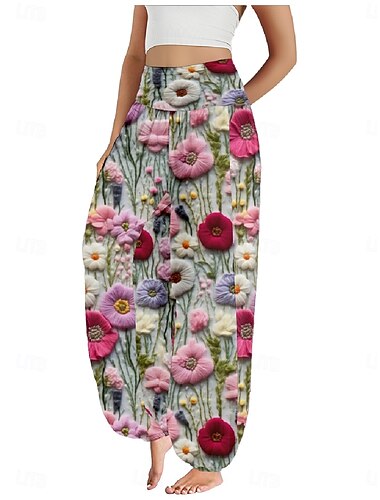  Dam Linneinspirerade byxor Brett skaft Byxor Etnisk Stil Ledigt Boho Fullängd Hög midja Blommig Ficka Elastisk midja Tryck Mateial som andas Mjuk Microelastisk Utomhus Yoga Rosa Purpur Grön Sommar