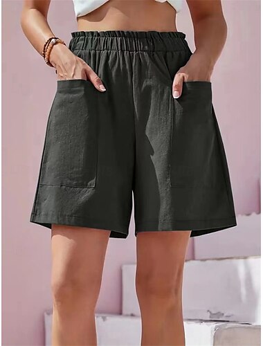  Damen Shorts Baggy Hosen einfarbig weit geschnitten Chinos modisch Streetwear basic kurz hochtailliert schlicht Taschen elastischer Bund Komfort Outdoor mikro-elastisch Urlaub Street täglich Beige
