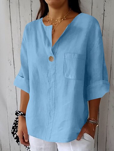  Damen Baumwoll-Leinen Bluse Einfarbig Elegant Stilvoll Lässig 3/4 Ärmel V-Ausschnitt Normale Oberteile Täglicher Urlaub Knöpfe Schwarz Weiß Pink Blau Beige Sommer Frühling