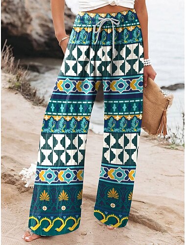  Damen Weites Bein Chinos Baggy-Hosen Urlaub Vintage Mode Volle Länge Hohe Taille Grafik Drucken Thermowarm Atmungsaktiv Weich Mikroelastisch Urlaub Straße Lässig Dunkelgrün Braun und Grau Leicht Grün