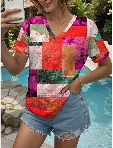  Women's T Shirt Graphic Geometric Vintage Stylish Classic Short Sleeve V Neck Regular Tops Daily Print Yellow Red Blue Summer Spring