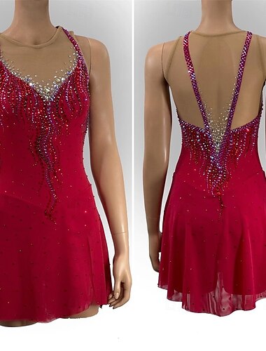  Eiskunstlaufkleid Damen Mädchen Eislaufen Kleid Rot Patchwork Asymmetrischer Saum Netzstoff Hohe Elastizität Training Wettbewerb Eiskunstlaufkleidung Klassisch Kristall / Strass Ärmellos Eislaufen