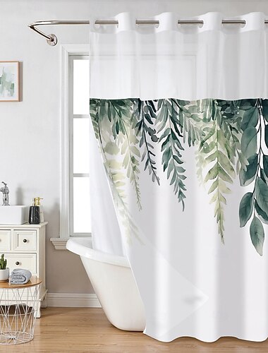  Geen Haak Douchegordijn 180cm*180cm (70"*70") met Snap-in Polyester Voering Transparante Bovenkant Raam Waterdicht Dubbel Laags Badkuip Gordijn Bladerenpatroon