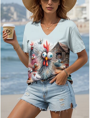  Damen T Shirt Grafik Tiermotiv Hahn Vintage Stilvoll Klassisch Kurzarm V Ausschnitt Normale Oberteile Täglich Druck Leicht Blau Sommer Frühling