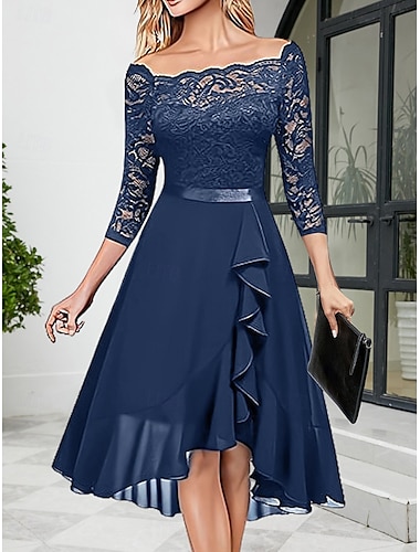  Damen abendkleider Spitzenkleid Kleid für Hochzeitsgäste Midikleid Rosa Purpur Dunkelblau Halbe Ärmel Einfarbig Spitze Frühling Herbst Winter Rundhalsausschnitt Modisch winterkleider damen kleid