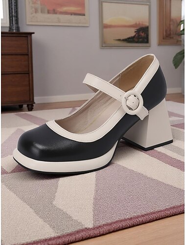  Escarpins Mary Jane noirs et blancs à talons épais pour femmes – Chaussures tendance style rétro des années 1950 pour un look de bureau et de soirée tendance