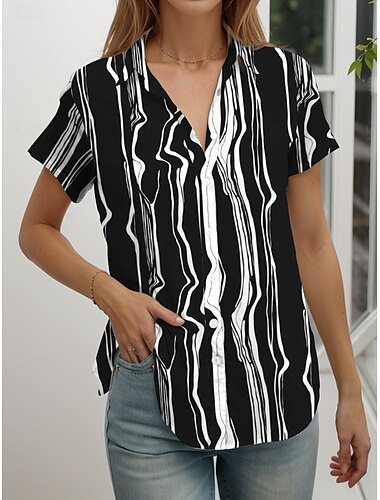  Mujer Camisa Graphic A Rayas Abstracto Vintage Tropical Diario Manga Corta Casquillo Cuello Camisero Tops regulares Diario Negro Verano Primavera