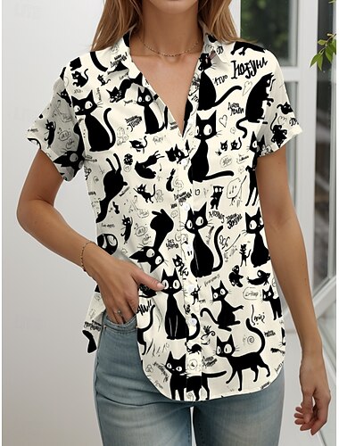  Damen Hemd Grafik Katze Buchstabe Elegant Täglich Stilvoll Kurzarm Kappe Hemdkragen Lange Oberteile Täglich Schwarz Weiß Beige Sommer Frühling
