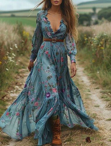  Mujer vestido largo vestido largo Vestido de flores Vestido bohemio Vestido occidental Elegante Moda Moderno Exterior Vacaciones Diario Ajuste regular Flor Manga Larga Escote en Pico Azul Piscina