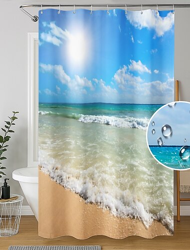  フック付きシャワーカーテン 180cm*180cm(70"*70") ウェットとドライゾーンを分けるのに適した防水オイル防止海岸の夕日風景パターンバスカーテン