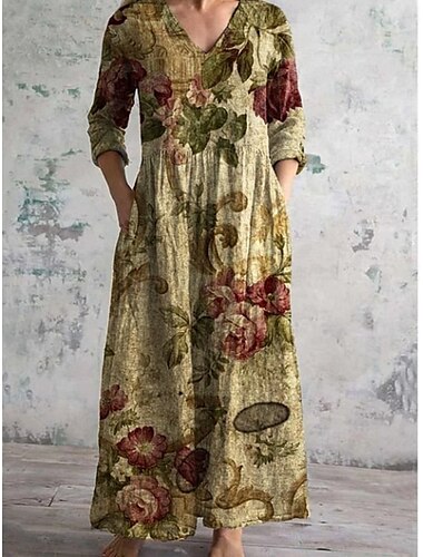  Femmes Robe Longue Maxi Robe Robe Décontractée Robe d'été Robe bohème Mode Vacances Quotidien Week-end Coupe régulière Fleuri manche longue Col en V Aqua bleu Bleu Vert foncé Marron Été