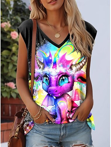  Rainbow Lil Dragonz by Sheena Pike dames tanktop met camisole, ombre, grafisch dier, stijlvol, casual, mouwloos, V-hals, normale tops, dagelijks, print, zwart, zomer, lente
