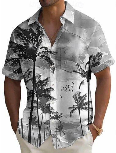  Men's Coconut Tree Tropical Plants Shirt Summer Hawaiian Shirt Button Up Shirt Short Sleeve Hawaiian Vacation Holiday Beach Wear Summer Turndown 3D Print Front One Pocket Linen Like Shirt Blue Purple