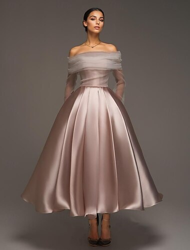  rosa balklänning satin a-line cocktail eleganta klänningar formella bröllop ankel längd lång ärm off shoulder avtagbar med sjal 2025