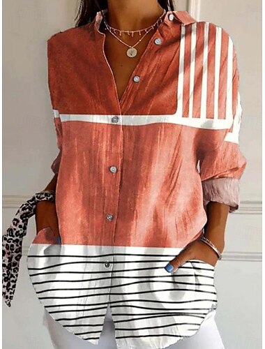  Mujer Camisa Graphic Geométrico Vintage Tropical Elegante Manga Larga Cuello Camisero Tops regulares Trabajo Diario Botones Estampado Amarillo Naranja Caqui Primavera Otoño Invierno