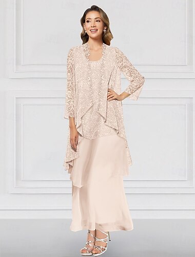  grün blau rosa zweiteilige A-Linien-Kleidersets Kleid für die Brautmutter, elegantes Rundhals-Kleid in Knöchellänge, Chiffon, Langarmjacke, Kleider mit Spitzenrüschen, Stufe 2025