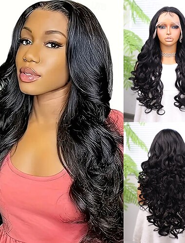  Synthetische Spitzenperücke Bodywave Stil 22 Zoll Schwarz Mittelscheitel 13x4 Spitzenfront Perücke Damen Perücke Schwarz