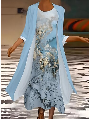  Damen Kleid-Set Sommerkleid Lässig Formell Blumen Grafik Geschichtet Druck Midikleid Dreiviertelarm Rundhalsausschnitt Täglich Ferien Blau Purpur Orange Sommer Frühling Normale Passform