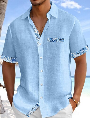  Herren Hemd Leinenhemd Sommerhemd Strandbekleidung Knopfhemd Einfarbig Urlaub Kreuzfahrt Weiß Rosa Marineblau Leicht Blau Kurzarm Kragen Sommer Frühling & Sommer Bekleidung Farbblock