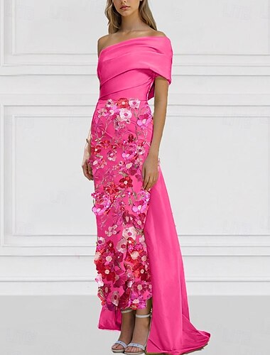  Gelb-Blau besticktes Blumensäulen-Abendkleid, elegantes Kleid für formelle Hochzeiten, bodenlang, kurze Ärmel, schulterfrei, italienischer Satin mit Schlitz, 2025