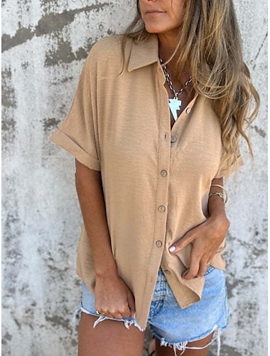  Damen Hemd Einfach Basic Modern Halbarm Hemdkragen Normale Oberteile Täglich Knöpfe Schwarz Weiß Rote Kamel Purpur Sommer