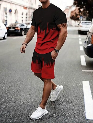  Herren Kontrastfarbe 2St T-Shirts-Sets Sommeroberteile Kurzarm Kurze Hosen Rundhalsausschnitt Athleisure Urlaub Sport & Outdoor Alltagstauglich Rundhalsausschnitt Sommer Rubinrot Grau Gelb