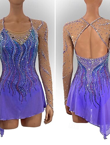  Kunstschaatsjurk Dames Voor meisjes Schaatsen Jurken Blauw Duimopening Open achterkant Netstof Hoge Elasticiteit Opleiding Wedstrijd Kunstschaatskleding Klassiek Kristal / Bergkristal Lange mouw