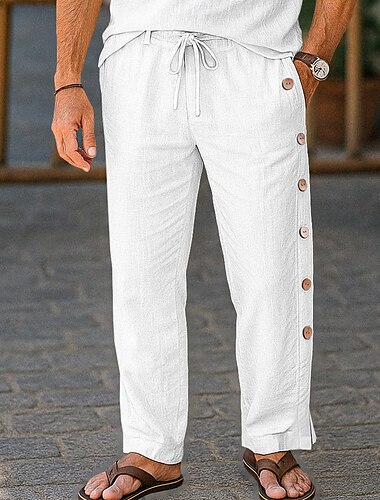  Herren Leinenhosen Hose Sommerhose Baggy-Hosen Kordelzug Elastischer Bund Seitenknopf Einfach Atmungsaktiv Volle Länge Outdoor Urlaub Lässig Urlaub Ethno-Stil Schwarz Weiß