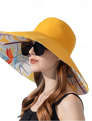  1 x wendbarer Sonnenhut für Damen mit breiter Krempe – tropisches Blumenmuster, rosa &blau/grüne Farbgebung, atmungsaktives Polyester mit winddichtem Seil, leichtes &stylisch für Strand, Outdoor und