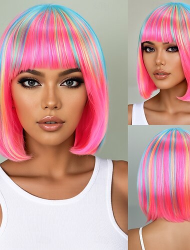  Parrucca Sintetica Liscio Kinky Liscio naturale Taglio Scalato Frangia Dritta Fatto a macchina Parrucca 14 pollici A1 Capelli Sintetici Per donna Classico Confortevole Capelli schiariti Colori Misti
