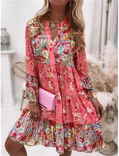  Dames Mini-jurk Casual jurk Boho-jurk Lentejurk Streetwear Vakantie Straat Feestdagen Normale pasvorm Bloemig Lange mouw Gespleten nek Blozend Roze blauw Oranje Groen Zomer Lente