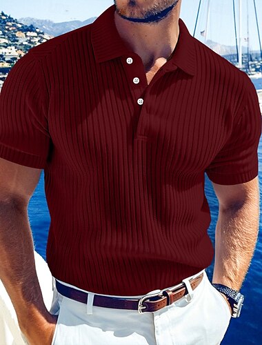  Herren Rippenstrick-Top Golf Poloshirts Arbeit Lässig Revers Gerippter Polokragen Kurzarm Basic Modern Farbblock Knöpfe Gestrickt Sommer Frühling & Sommer Normale Passform Weiß Gelb Burgunderrot