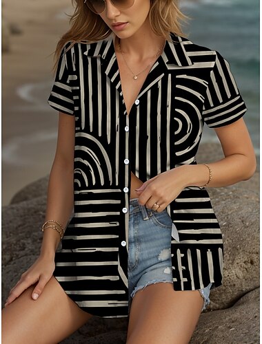  Mujer Camisa Graphic Geométrico A Rayas Vintage Tropical Diario Sin Mangas Manga Corta Casquillo Cuello Camisero Tops regulares Diario Blanco Color Camello Verano Primavera