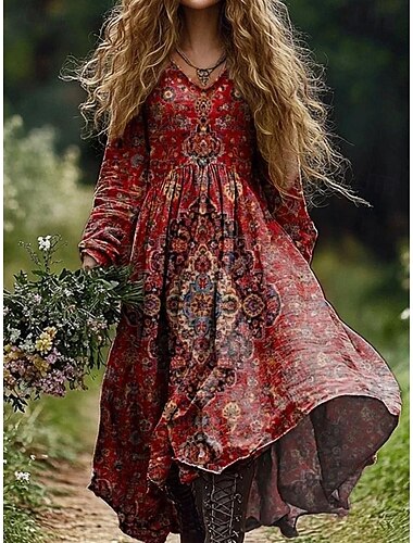  Dames Maxi-jurk Zonnejurk Geplooide jurk Vakantie Casual Boho Uitgaan Strand Standaard pasvorm Grafisch Paisley Lange mouw V-hals Diep Groen Zwart Rood blauw Zomer Lente